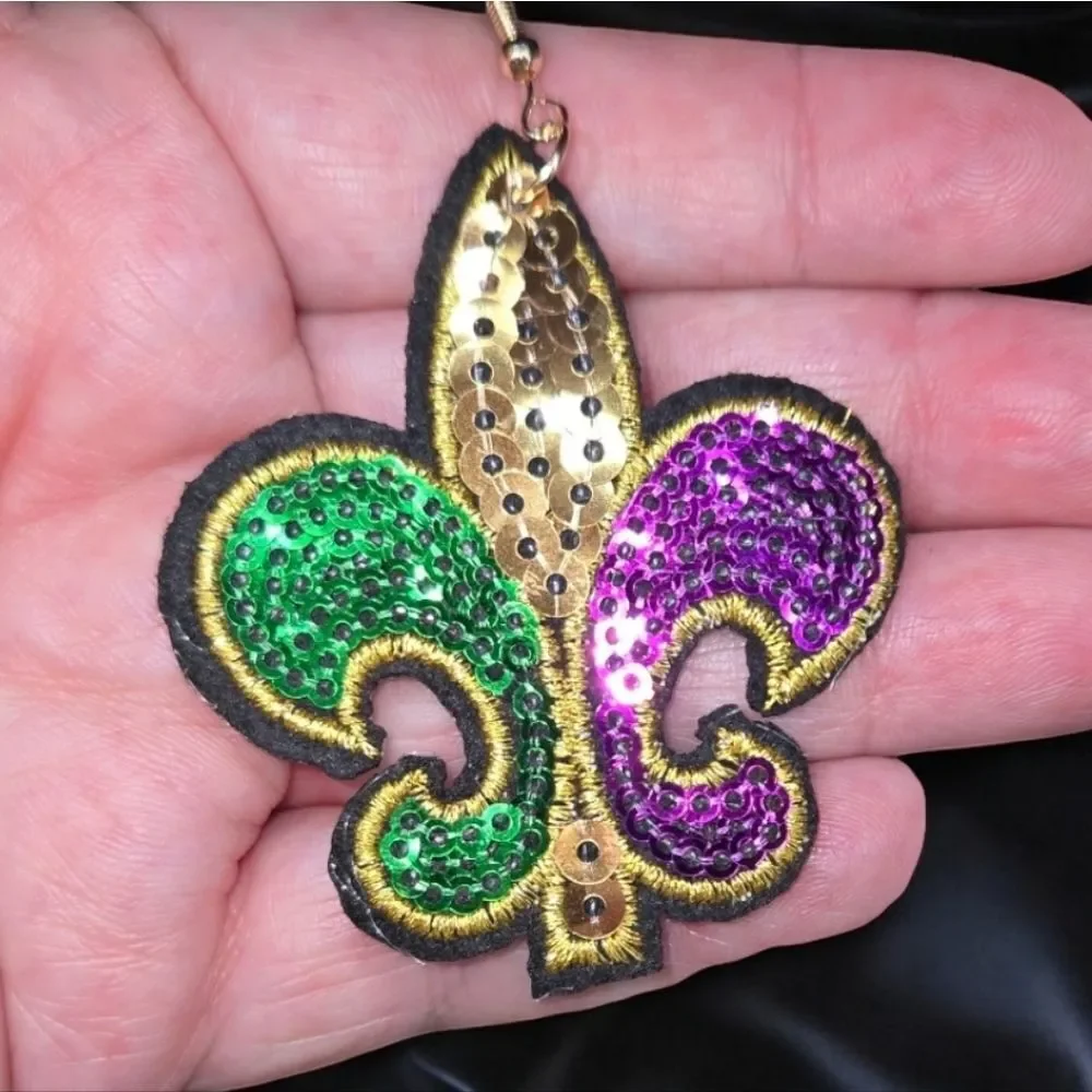 Sequin Fleur-de-Lis Earrings Mardi Gras Carnival Embroidered Dangle Jewelry New